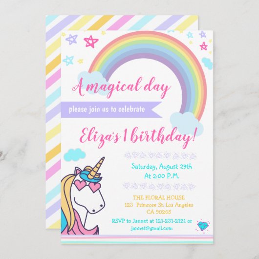 魔法の虹のユニコーンの顔のかわいい女の子の誕生日 招待状 (正面/裏面)