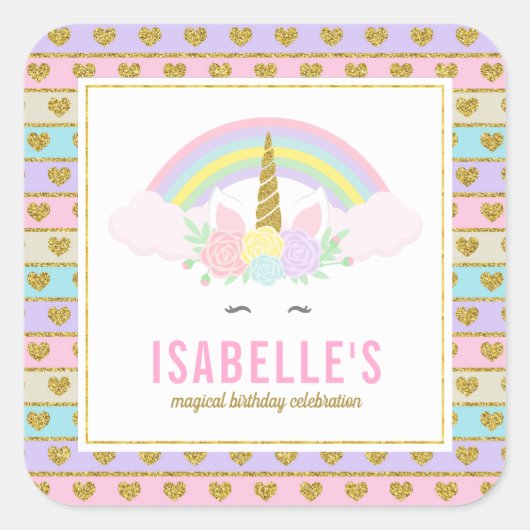 魔法の虹のユニコーンステッカー スクエアシール (正面)