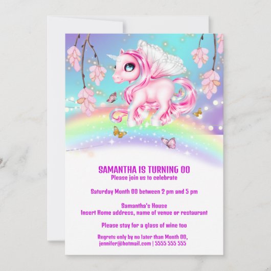魔法の虹のユニコーンファンタジーの女の子の誕生日 招待状 (正面)