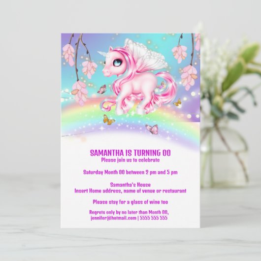 魔法の虹のユニコーンファンタジーの女の子の誕生日 招待状 (スタンド正面)