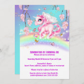 魔法の虹のユニコーンファンタジーの女の子の誕生日 招待状 (正面/裏面)