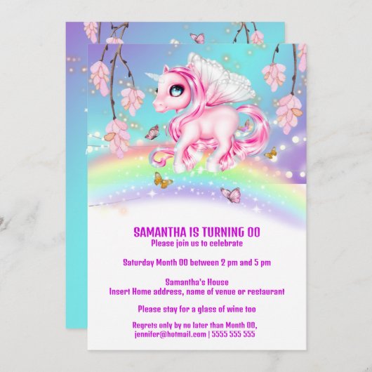 魔法の虹のユニコーンファンタジーの女の子の誕生日 招待状 (正面/裏面)