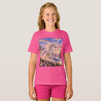 魔法の虹のユニコーン女子 ピンク Tシャツ