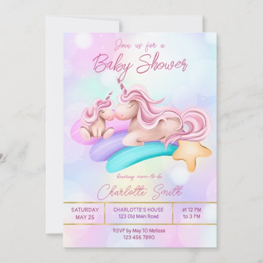 魔法の虹のユニコーン赤ちゃんシャワー招待状 招待状 (正面)