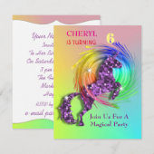 魔法の虹の一角獣をテーマにしたパーティー 招待状 (正面/裏面)