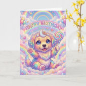 魔法の虹の子犬の子供の誕生日の幻想 カード (黄色い花)