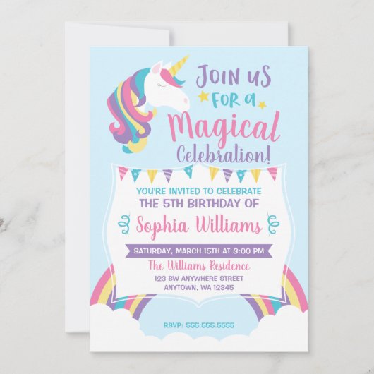 魔法の虹の雲のユニコーンの誕生日の招待状 招待状 (正面)