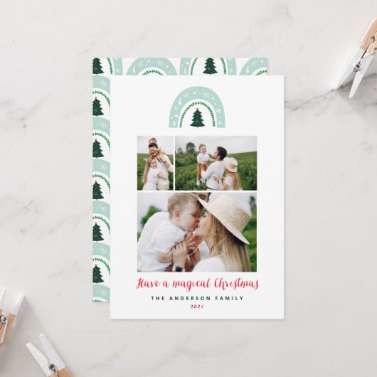 魔法の虹モダンかわいい3写真クリスマス (正面/裏面インサイチュ)