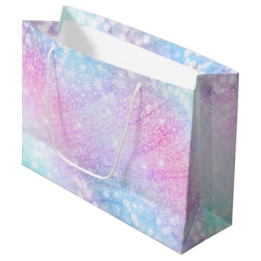 魔法の虹色グリッタースパークルズピンクデザイン ラージペーパーバッグ (正面アングル)