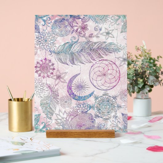 魔法の虹色グリッター羽毛ドリームキャッチャー アクリルサイン (ウェディング)