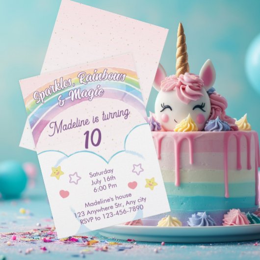 魔法の虹色ユニコーン誕生日ガールズ招待状 招待状