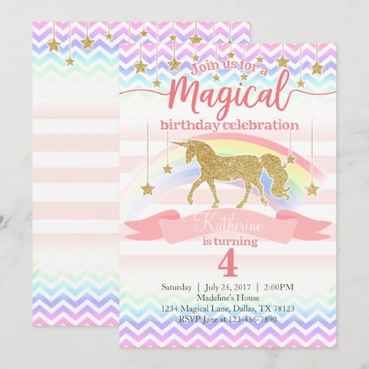 魔法の虹色ユニコーン誕生日パーティー招待状 招待状 (正面/裏面)