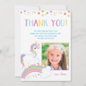 魔法の虹色ユニコーン誕生日写真フラット サンキューカード (正面)