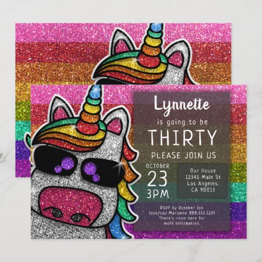 魔法の虹色ユニコーン グリッター ワンダフル 誕生日 招待状 (正面/裏面)