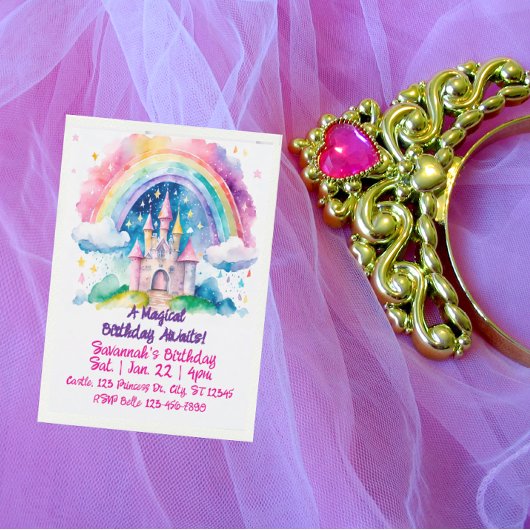 魔法の虹色水彩ファンタジー城の誕生日 招待状