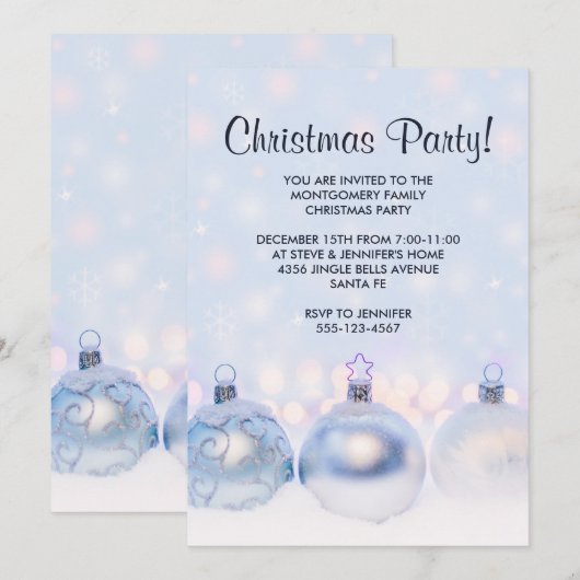 魔法の装飾メタリッククリスマスボールパーティー 招待状 (正面/裏面)