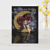 魔法の誕生日かわいい小さな月の妖精バイムーンラック カード (黄色い花)