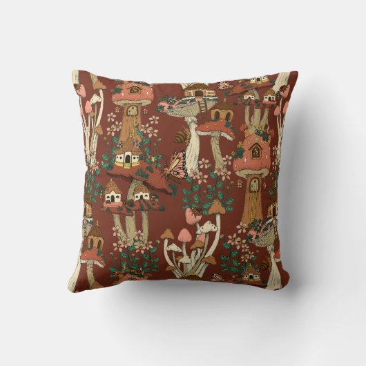 魔法の赤いコテージコアフローラキノコのパターン クッション (裏面)