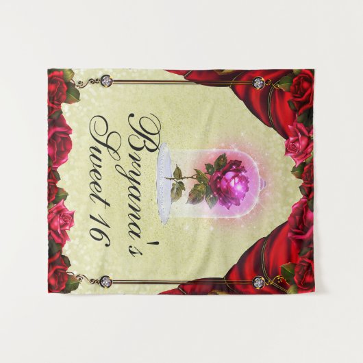 魔法の赤いバラのスイート16ビューティーパーティーの背景 タペストリー (正面(横))