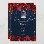 魔法の赤いローズホワイト金ゴールドシルバーブルー結婚ズ 招待状 (正面/裏面)