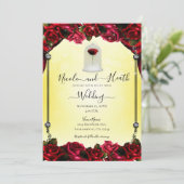 魔法の赤いローズホワイト金ゴールドシルバー結婚イエロー 招待状 (スタンド正面)