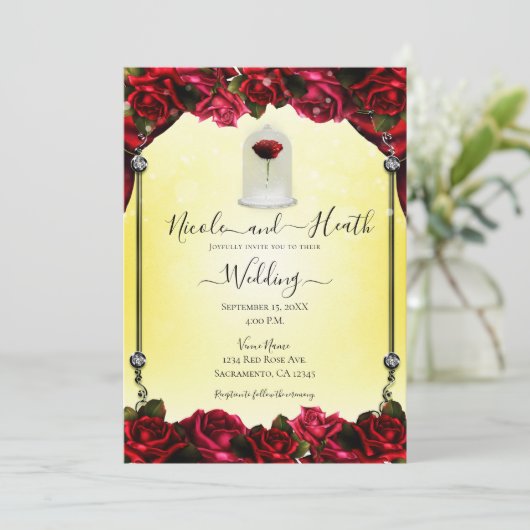 魔法の赤いローズホワイト金ゴールドシルバー結婚イエロー 招待状 (スタンド正面)