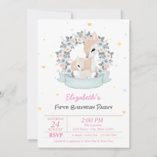 魔法の赤ちゃんトナカイとバラと星の誕生日 招待状 (正面)