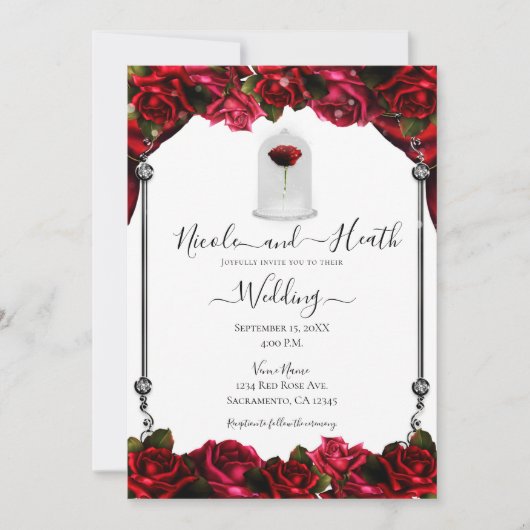 魔法の赤ローズホワイト金ゴールドシルバーホワイト結婚ズ 招待状 (正面)