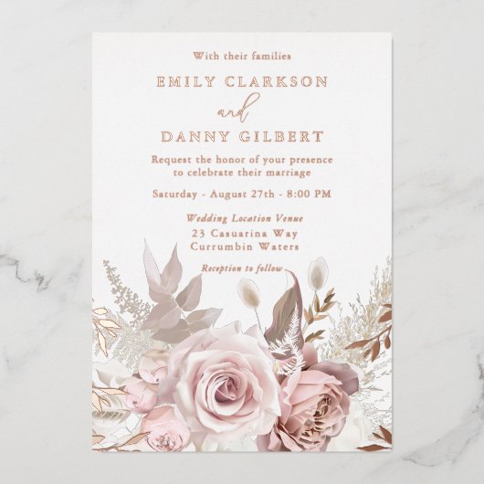 魔法の赤面とバラ結婚フローラのバラ金ゴールド 箔招待状 (正面)