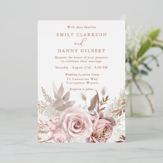 魔法の赤面とバラ結婚フローラのバラ金ゴールド 箔招待状 (立ち正面)