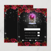 魔法の輝き 赤いバラ シルバー ブラック RSVP 招待状 (正面/裏面)