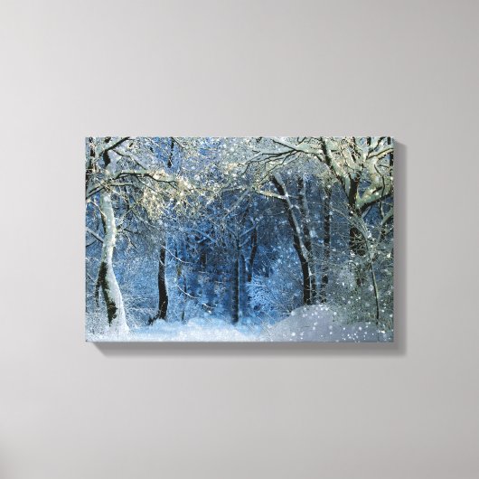 魔法の輝く太陽の光の雪の森ワンダーランド キャンバスプリント (正面)