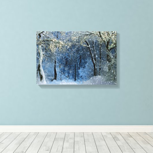 魔法の輝く太陽の光の雪の森ワンダーランド キャンバスプリント (インサイチュ (ウッドフロア))