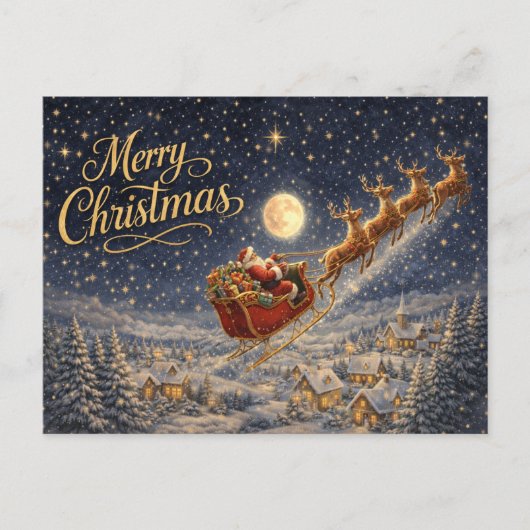 魔法の金のサンタ夜空 メリークリスマス シーズンポストカード (正面)