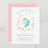 魔法の金ゴールドの星のユニコーンの女の子の誕生日で信じて下さい インビテーションポストカード (正面/裏面)