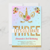 魔法の金ゴールドグリッターユニコーン第3誕生日パーティー 招待状 (正面)