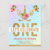 魔法の金ゴールドグリッターユニコーン1st誕生日パーティー インビテーションポストカード (正面)
