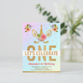 魔法の金ゴールドグリッターユニコーン1st誕生日パーティー インビテーションポストカード (スタンド正面)