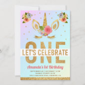 魔法の金ゴールドグリッターユニコーン1st誕生日パーティー 招待状 (正面)