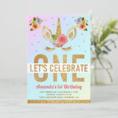 魔法の金ゴールドグリッターユニコーン1st誕生日パーティー 招待状 (スタンド正面)