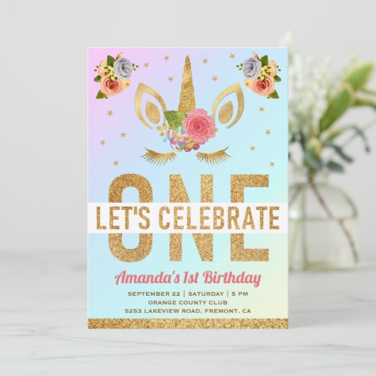 魔法の金ゴールドグリッターユニコーン1st誕生日パーティー 招待状 (スタンド正面)