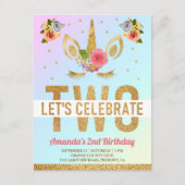 魔法の金ゴールドグリッターユニコーン2nd誕生日パーティー インビテーションポストカード (正面)