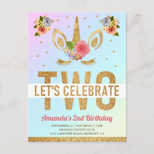 魔法の金ゴールドグリッターユニコーン2nd誕生日パーティー インビテーションポストカード (正面)