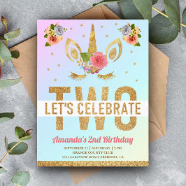 魔法の金ゴールドグリッターユニコーン2nd誕生日パーティー インビテーションポストカード