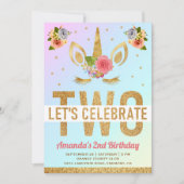 魔法の金ゴールドグリッターユニコーン2nd誕生日パーティー 招待状 (正面)