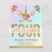 魔法の金ゴールドグリッターユニコーン4th誕生日パーティー インビテーションポストカード (正面)