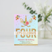 魔法の金ゴールドグリッターユニコーン4th誕生日パーティー インビテーションポストカード (スタンド正面)