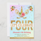 魔法の金ゴールドグリッターユニコーン4th誕生日パーティー 招待状 (正面)