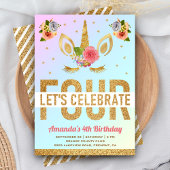 魔法の金ゴールドグリッターユニコーン4th誕生日パーティー 招待状