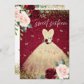 魔法の金ゴールドドレスブルガンディーレッドフローラスウィート16 招待状 (正面/裏面)